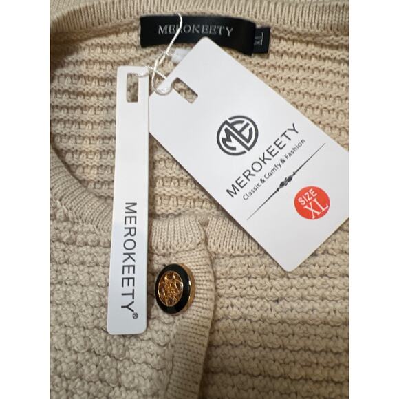 MEROKEETY Button Down Sweater Cardigan with Pockets Cream NWT Size XL - Picture 7 of 9
